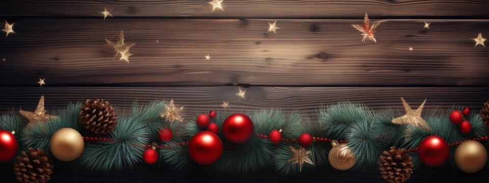 christmas ornate decorative festive elemant backdrop design xmas greeting with golden shiny bauble ball set in wooden floow with copyspace,ai generate