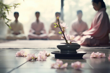 Female monks in deep concentration practicing zen meditation in a buddhistic temple