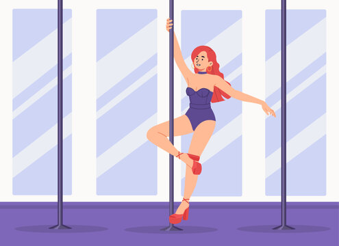 Pole dance concept. Woman in sexy clothes dances at pole. Dancer indoor. Young girl on pylone. Sport exercise and active lifestyle. Poster or banner. Cartoon flat vector illustration