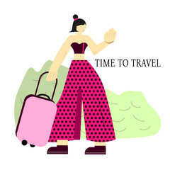 woman in pink with suitcase go to travel