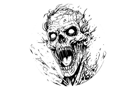 Zombie head or face ink sketch. Walking dead hand drawing vector illustration.