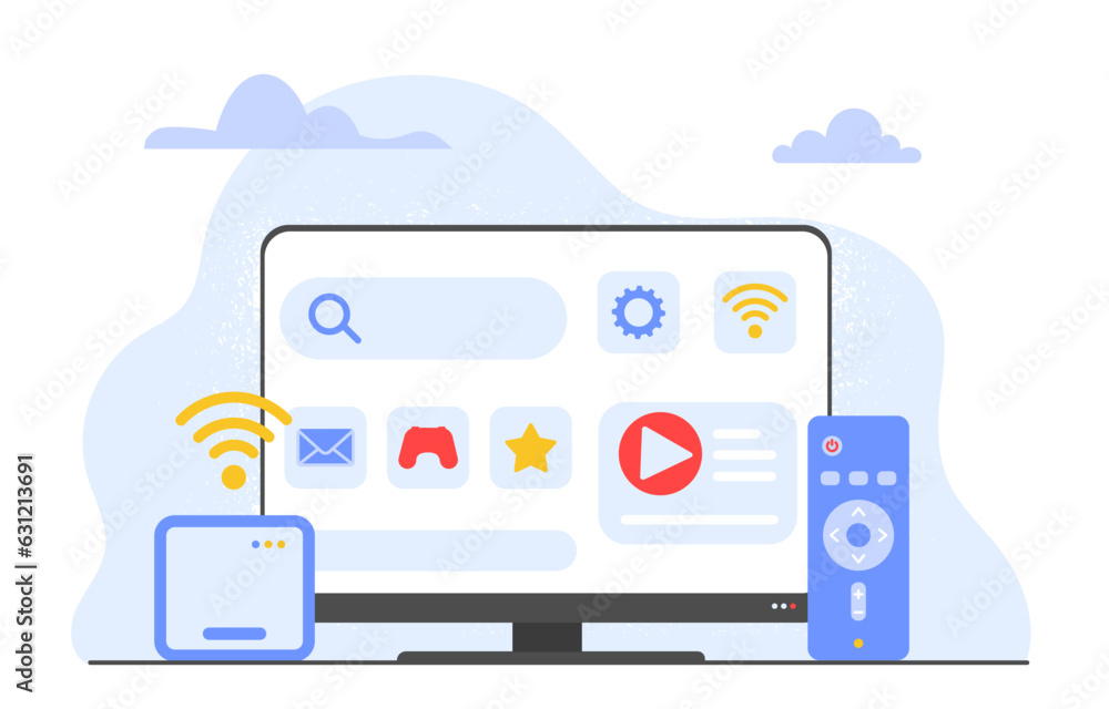 Poster smart tv concept. modern technologies and innovations, gadget and device. television with remote con