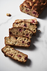 Homemade Cranberry banana bread. Made with ripe bananas and fresh cranberries with walnuts. 
