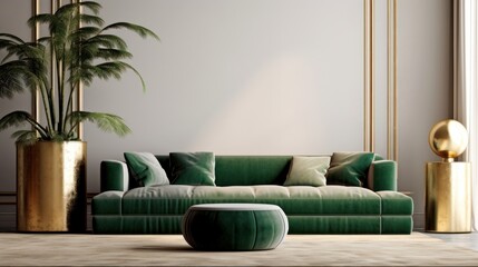 Front view of a modern luxury living room. White empty walls, green sofa and ottoman, plant in golden floor pot, home decor. Mockup, 3D rendering.