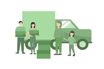 Obraz premium Vector illustration of Humanitarian aid concept. Team of volunteers giving help boxes to refuges and humanitarian aid van. Material assistance, governmental help concept.