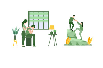 Cartoon Vector Illustration Friendship Concept. Characters Giving Comfort and Support to Friends, Keeping Palms on Shoulder, Help to Climb Upstairs, Hugging. People Feel Stress, Anxiety, Loneliness.