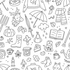 Seamless cozy autumn pattern with cute doodles. Vector illustration background.