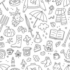 Seamless cozy autumn pattern with cute doodles. Vector illustration background.