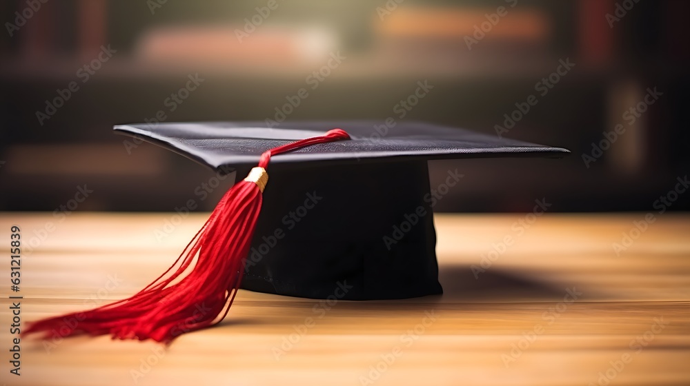 Wall mural graduation cap and diploma on wooden table.