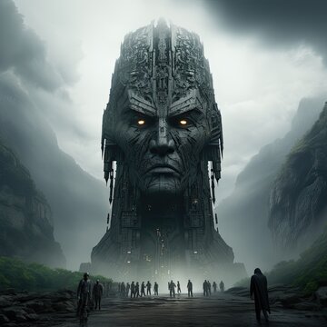 Giant figure of alien as old building. Generative AI