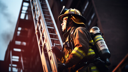 a firefighter is seen confidently ascending a tall ladder to reach a high-rise building. Their focus is unwavering as they prepare to tackle the fire from an elevated position - obrazy, fototapety, plakaty