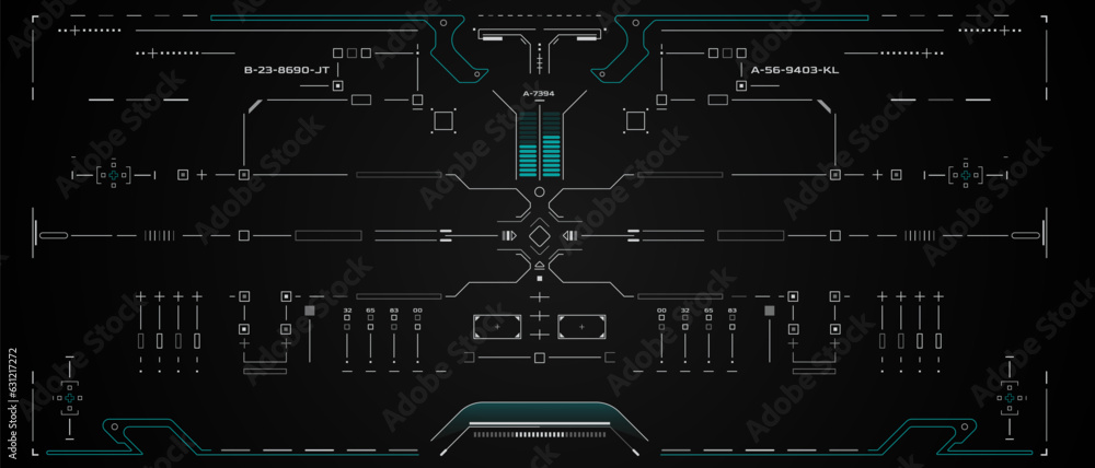 Poster HUD UI Futuristic Screen Monitoring Virtual System Analysis Infographic Vector Design. Technology Digital Aiming Target Scanning Illustration.