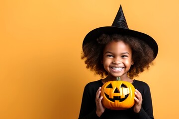 Cute little witch and halloween pumpkin on orange background. Halloween party. Copy Space.
