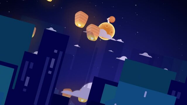 Rabbit carries a mooncake. Lantern fly in the sky. Mid autumn festival concept. City night. Background animation. Motion graphic