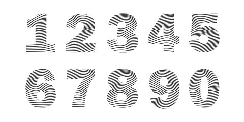 A set of vector numbers from 0 to 9 for graphic design. Number icons decorated with lines. Minimalistic striped numbers.