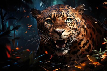 A leopard runs through a dark night, accompanied by lights and a blurry background. (Generative AI)