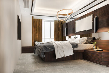 3d rendering  luxury modern bedroom suite in hotel with tv and cabinet