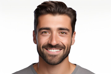 Obraz premium Closeup portrait European man in his 30s with bristle, smiling at the camera, isolated on white background.