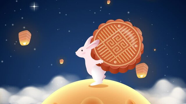 Rabbit carries a mooncake. Lantern fly in the sky. Mid autumn festival concept. Background animation. Motion graphic