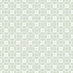 Vector geometric seamless pattern with rounded grid, net, mesh, lattice, circles, squares, curved lines. Simple abstract sage green background. Delicate minimal ornament texture. Repeat geo design