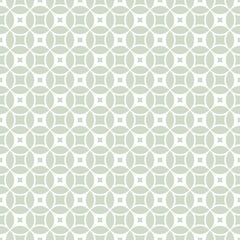 Vector geometric seamless pattern with rounded grid, net, mesh, lattice, circles, squares, curved lines. Simple abstract sage green background. Delicate minimal ornament texture. Repeat geo design