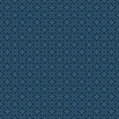Vector floral geometric seamless pattern. Abstract dark blue geometric ornament with small flowers in oriental style. Simple minimal background. Elegant ornamental texture. Repeat tileable design