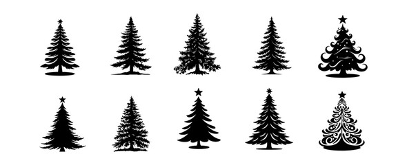 Set of Christmas pine tree silhouette isolated on white background. Forest tree vector illustration