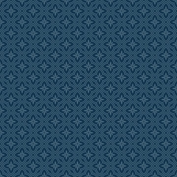 Vector Floral Geometric Seamless Pattern. Abstract Dark Blue Geometric Ornament With Small Flowers In Oriental Style. Simple Minimal Background. Elegant Ornamental Texture. Repeat Tileable Design