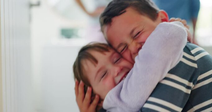 Kids hug, love and family with siblings at home, trust and support with care and happiness together. Young boy, girl and youth with brother and sister embrace, friends and positive relationship