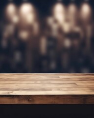 The exuberant image shows an empty wooden table top with a blurred office and city background. (Generative AI)