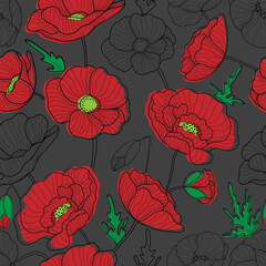 Poppies seamless pattern. Red poppies on dark background. Floral print for textile, wallpapers, fabric and wrapping paper. Vector illustration