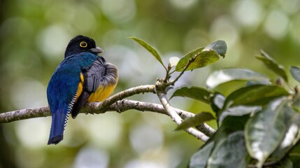 Small, vibrant bird perched on a thin tree branch in its natural habitat