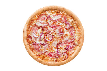 Delicious pizza with bacon, ham, mozzarella, onion and tomato sauce, cut out