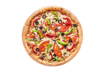 Delicious vegetarian pizza with champignon mushrooms, tomatoes, mozzarella, peppers and black olives, cut out