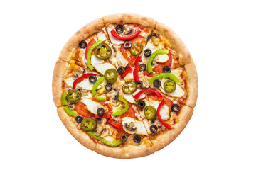 Delicious pizza with chicken fillet, champignon mushrooms, tomatoes, peppers, jalapeno and mozzarella, cut out