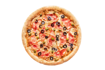 Delicious pizza with ham, champignon mushrooms, capers and olives, cut out