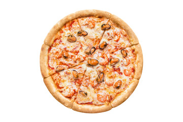 Delicious pizza with seafood (shrimps and oysters), cut out
