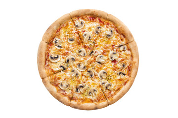 Delicious pizza with mushrooms, mozzarella and tomato sauce, cut out