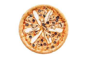 Delicious pizza with chicken fillet, champignon mushrooms, olives, mozzarella and tomato sauce, cut out