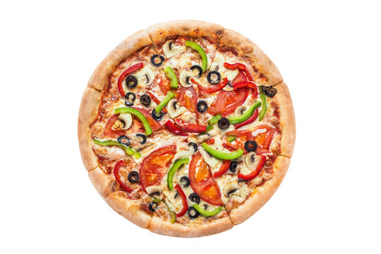 Delicious vegetarian pizza with champignon mushrooms, tomatoes, mozzarella, peppers and black olives, cut out - Powered by Adobe