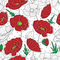 Poppies seamless pattern. Red poppies and polka dots on white background. Floral print for textile, wallpapers, fabric and wrapping paper. Vector illustration