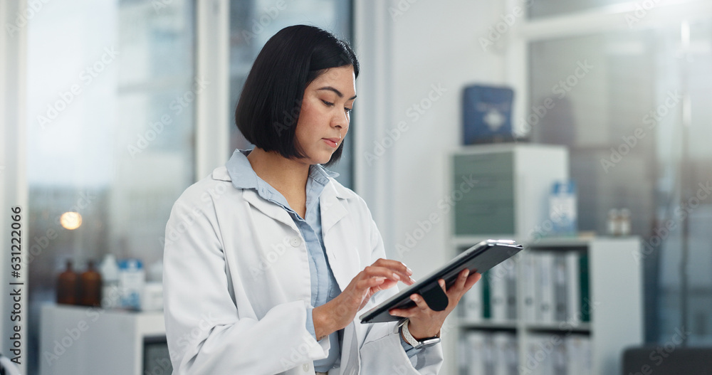 Sticker Tablet, typing and woman or doctor, hospital or clinic office for healthcare software, telehealth or research. Search, online charts or report of medical professional or asian person on digital tech