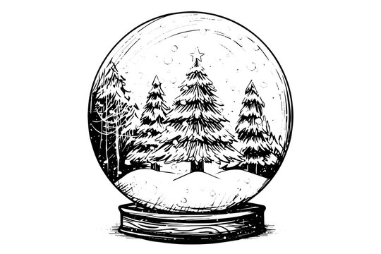 Merry Christmas gift snow globe Snowflake tree  inside. Vector engraving ink sketch illustration.