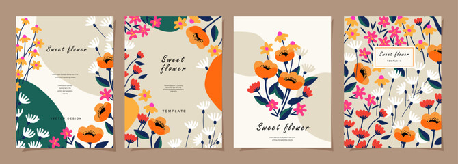 Fototapeta na wymiar Floral template set for poster, card, cover, label, banner in modern minimalist style and simple summer design templates with flowers and plants.