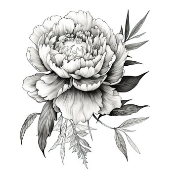 Black and white peony flower drawing illustration with line art on white backgrounds. Generative AI