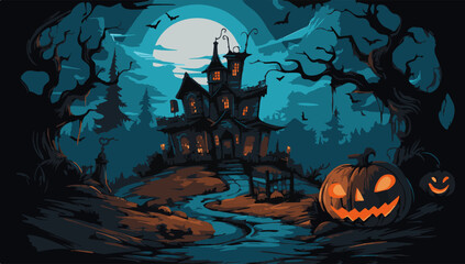Vector haunted house over the moon and pumpkins, in the style of 2d game art. - obrazy, fototapety, plakaty
