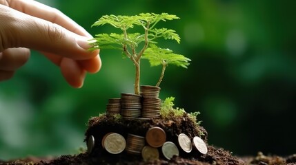 Human hand and plant growing on coin stack over green blurred background. Business finance strategy, money earning and saving ideas, future investment concept. Copy space. 3D rendering.