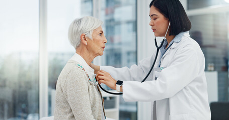 Doctor, stethoscope and senior woman for cardiology exam, healthcare service and healthcare support...