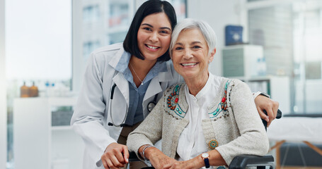 Senior woman, patient and doctor with smile, face or kindness at consultation with hug for...