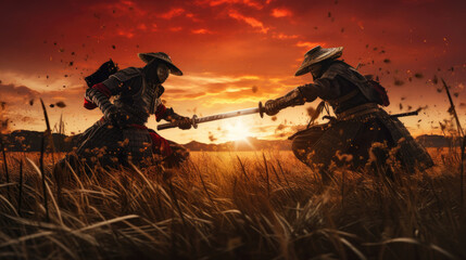 The battle of two samurai in a meadow under the sunset - obrazy, fototapety, plakaty